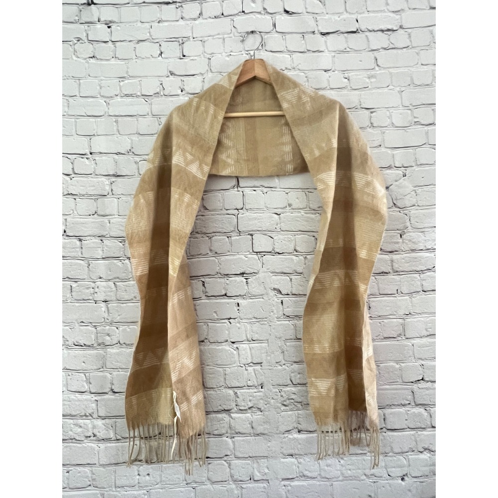 Coldwater Creek Fair Isle Tan Cream Acrylic Fringe Office Winter Scarf NWT